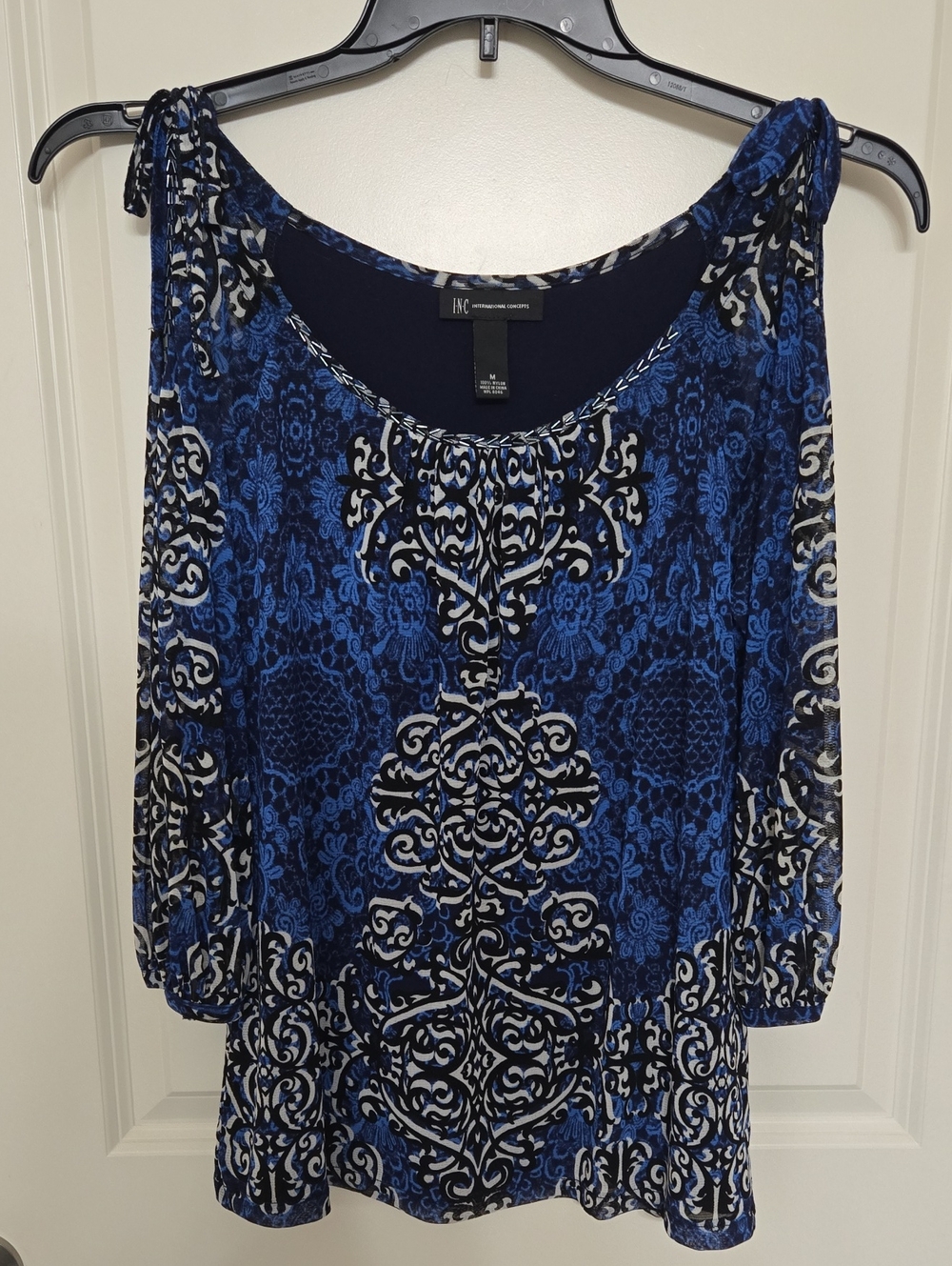 INC International Concepts Blue Patterned Cold-Shoulder Top